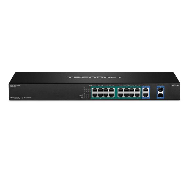 Three quarter angle structural profile showcasing the black 1U 19-inch rackmount metal housing design of the TRENDnet TPE-TG182F network ethernet switch.