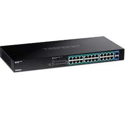 TRENDnet TPE-TG262 unmanaged gigabit PoE+ switch equipped with 1U rackmount brackets for standard network enclosure installation.