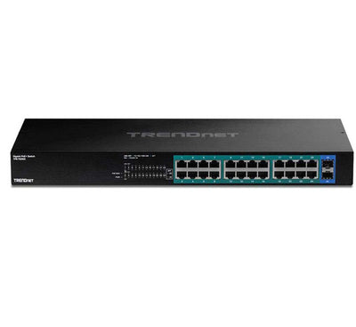 Front layout of TRENDnet TPE-TG262 26-port gigabit switch showcasing its 24 PoE+ ports, 2 SFP fiber slots, and LED display array.