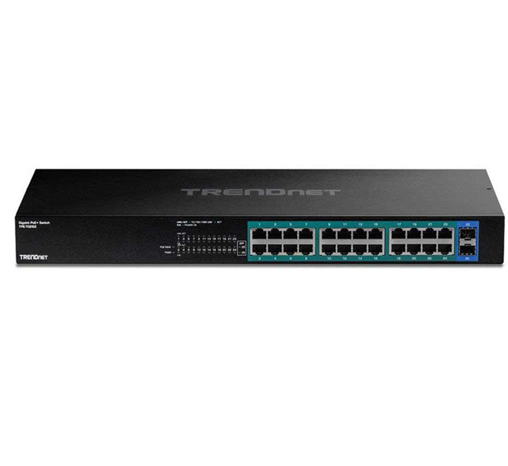 Front layout of TRENDnet TPE-TG262 26-port gigabit switch showcasing its 24 PoE+ ports, 2 SFP fiber slots, and LED display array.