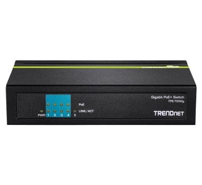 TRENDnet TPE-TG50g 5-port unmanaged gigabit PoE+ switch showing 4 PoE+ ports and 1 uplink port with LED indicator arrays.