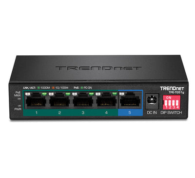 Front panel view of the TRENDnet TPE-TG51g 5-port long-range gigabit PoE+ switch showcasing network ports, LED indicator panel, and manual hardware DIP toggles.
