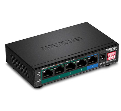 Angled shot of the ultra-compact metal chassis of the TRENDnet TPE-TG51g unmanaged surveillance switch emphasizing side cooling ventilation grids.
