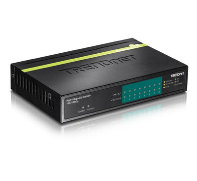 Front connection interface panel of the TRENDnet TPE-TG80g unmanaged switch displaying eight gigabit copper RJ-45 ports supporting full PoE plus power delivery.
