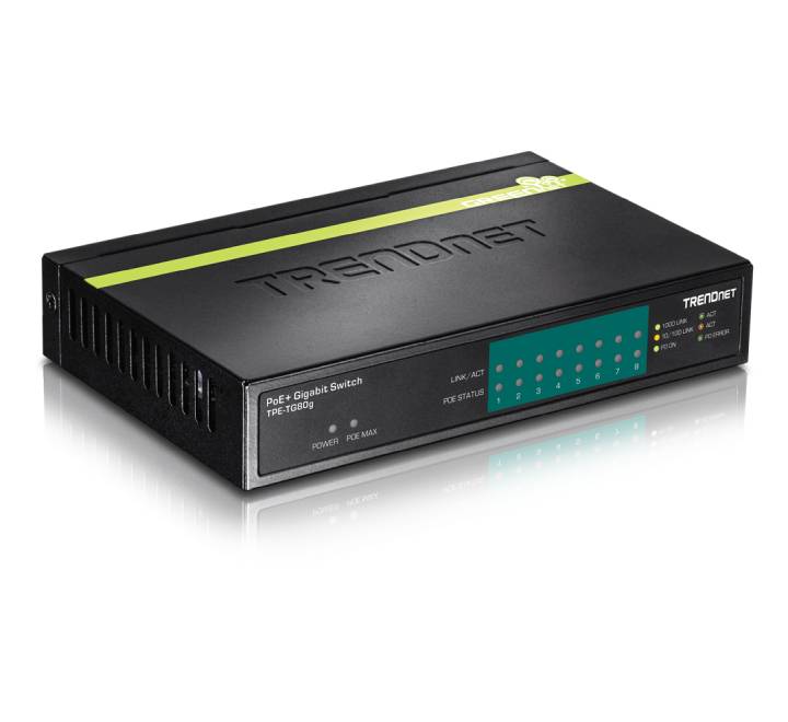 Front connection interface panel of the TRENDnet TPE-TG80g unmanaged switch displaying eight gigabit copper RJ-45 ports supporting full PoE plus power delivery.