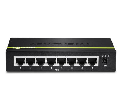 Rear panel hardware interface showing the direct current power input jack on the compact metal chassis of the TRENDnet TPE-TG80g switch.