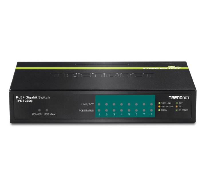 Three quarter angle profile view of the compact black metal desktop housing design of the TRENDnet TPE-TG80g unmanaged ethernet switch.