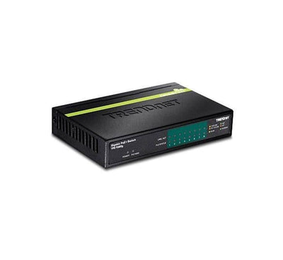 TRENDnet TPE-TG82g 8-port unmanaged gigabit PoE+ switch displaying its front-facing Ethernet network ports and diagnostic link LEDs.