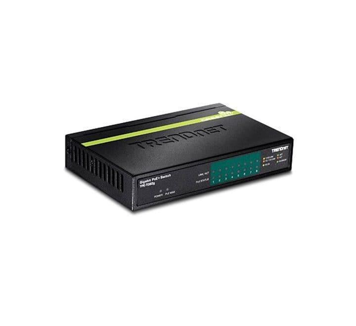 TRENDnet TPE-TG82g 8-port unmanaged gigabit PoE+ switch displaying its front-facing Ethernet network ports and diagnostic link LEDs.