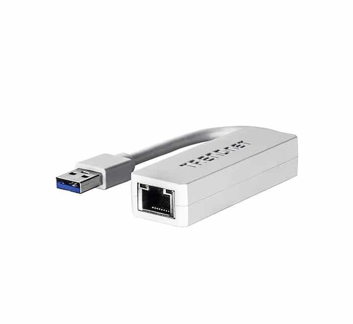 TRENDnet TU3-ETG USB 3.0 to Gigabit Ethernet network adapter showing its slim white rectangular chassis, integrated connection tail, and blue Type-A connector pin block. - ICT.com.mm