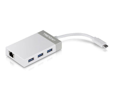 TRENDnet TUC-ETGH3 USB-C to Gigabit Ethernet adapter showcasing its white housing, three top-facing USB 3.0 ports, and attached Type-C cable.