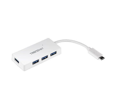 TRENDnet TUC-H4E 4-Port USB-C mini hub displaying its white compact enclosure, integrated type-C host connector cable, and side-aligned Type-A ports.