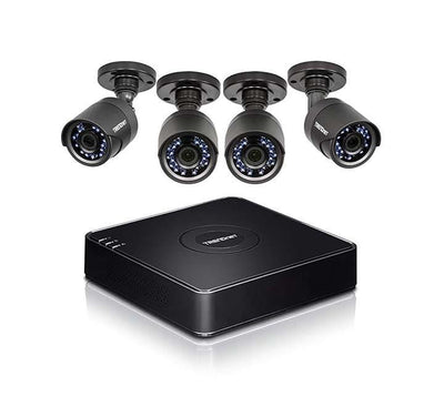 TRENDnet TV-DVR104K complete surveillance kit bundle showing the compact black DVR hub, four white outdoor bullet cameras, remote controller, and cabling gear.