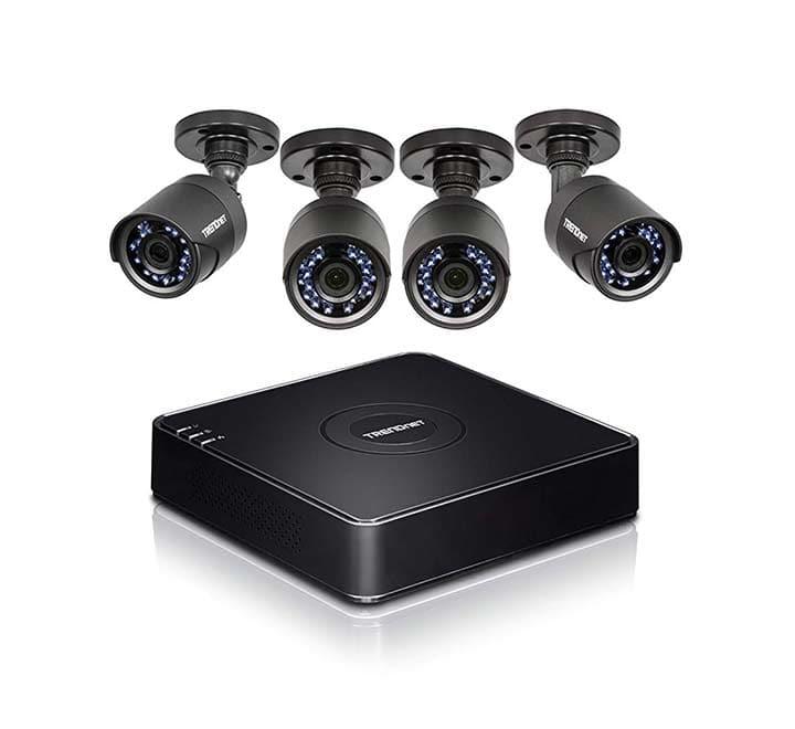 TRENDnet TV-DVR104K complete surveillance kit bundle showing the compact black DVR hub, four white outdoor bullet cameras, remote controller, and cabling gear.