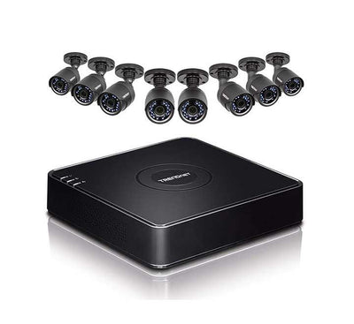 TRENDnet TV-DVR208K complete surveillance bundle showing the compact black 8-channel DVR station, four white outdoor bullet cameras, a remote control, and cabling components.