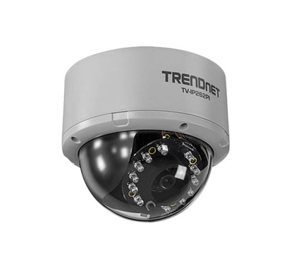 Front perspective profile view of the white TRENDnet TV-IP262PI megapixel dome IP camera highlighting its protective transparent smoke shell.