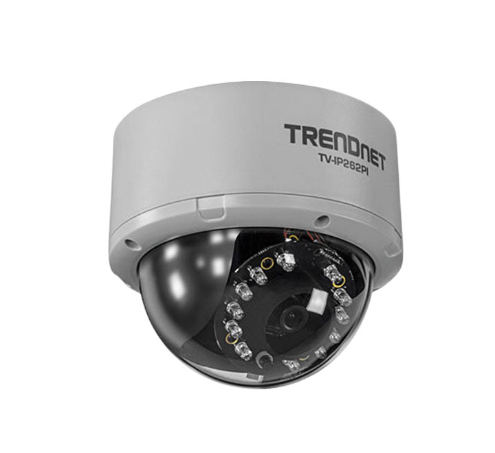 Front perspective profile view of the white TRENDnet TV-IP262PI megapixel dome IP camera highlighting its protective transparent smoke shell.