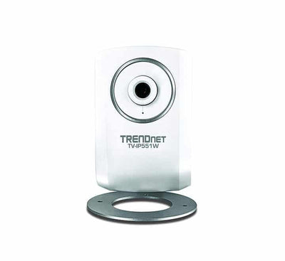 Front view of the off-white TRENDnet TV-IP551W Wireless N internet indoor camera highlighting its manual-focus lens and blue power LED indicator.