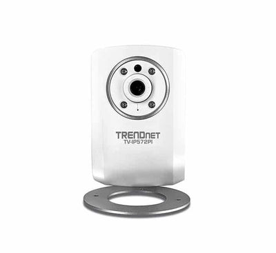 Front perspective of the white TRENDnet TV-IP572PI Megapixel IP camera displaying the central lens array and surrounding infrared night vision LEDs.