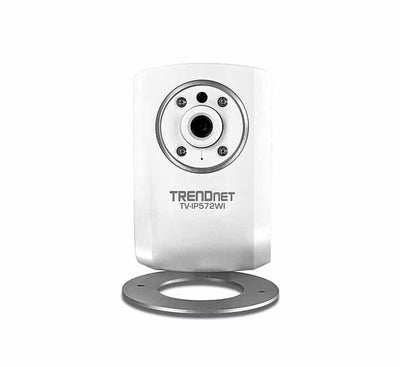 Front view of the white TRENDnet TV-IP572WI Wireless N HD network security camera highlighting the light sensor and built-in infrared night vision lens array.