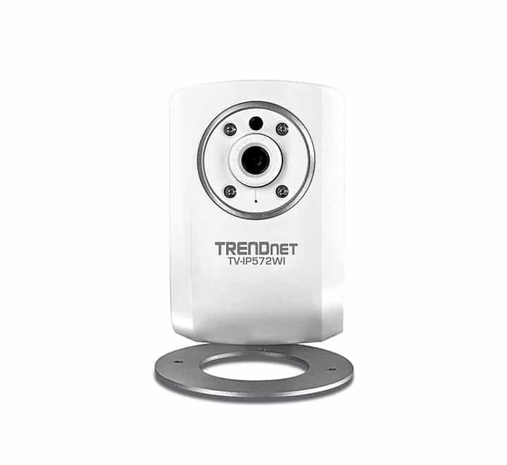 Front view of the white TRENDnet TV-IP572WI Wireless N HD network security camera highlighting the light sensor and built-in infrared night vision lens array.