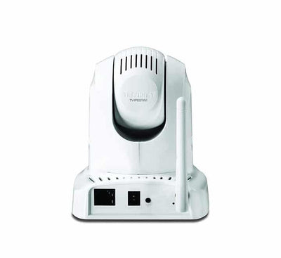 Side angle profile of the TRENDnet TV-IP651WI security camera highlighting its motorized panning base and tilting mount module.