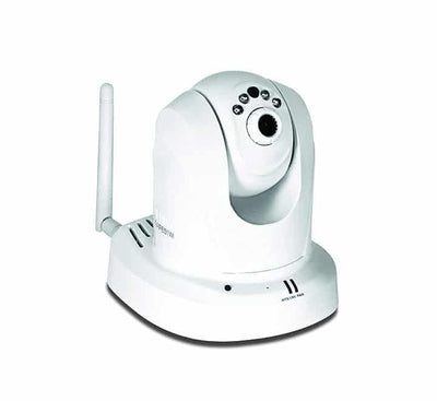 Back panel view of the TRENDnet TV-IP651WI internet camera illustrating the wireless antenna mount, LAN jack, WPS button, and power supply connection.