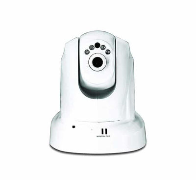 Front isometric view of the TRENDnet TV-IP651WI Wireless N Day and Night Pan Tilt Internet Camera showing the dark gray lens sphere and infrared LEDs.
