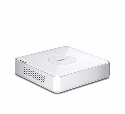 Front perspective view of the compact black TRENDnet TV-NVR104 network video recorder alongside its bundled optical navigation mouse.
